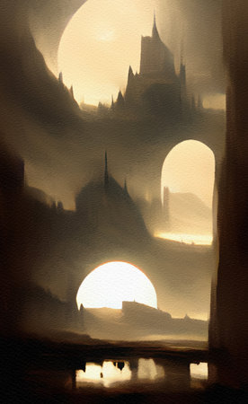 Abstract painting flat illustration of medieval old fantasy castle on the top of mountain. Fort on the rock peak. Mountains and field landscapeの写真素材