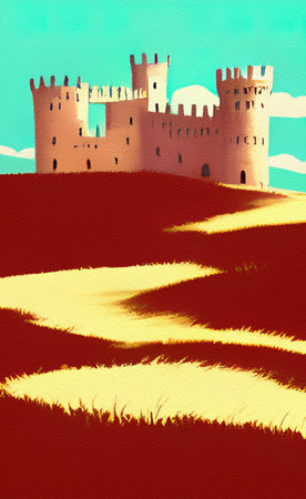 Abstract painting flat illustration of medieval old fantasy castle on the top of mountain. Fort on the rock peak. Mountains and field landscapeの写真素材