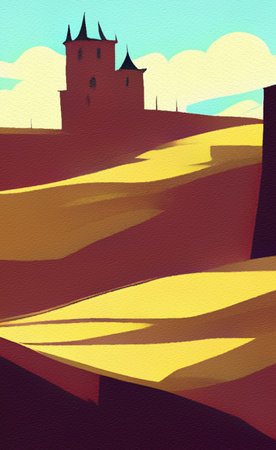 Abstract painting flat illustration of medieval old fantasy castle on the top of mountain. Fort on the rock peak. Mountains and field landscapeの写真素材
