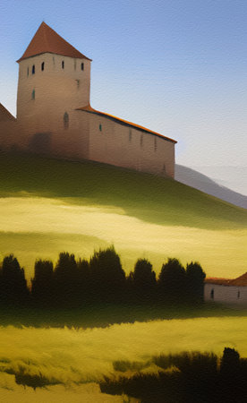 Abstract painting flat illustration of medieval old fantasy castle on the top of mountain. Fort on the rock peak. Mountains and field landscapeの写真素材
