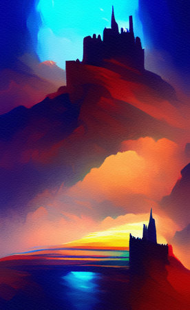 Abstract painting flat illustration of medieval old fantasy castle on the top of mountain. Fort on the rock peak. Mountains and field landscapeの写真素材
