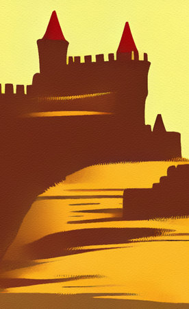 Abstract painting flat illustration of medieval old fantasy castle on the top of mountain. Fort on the rock peak. Mountains and field landscapeの写真素材