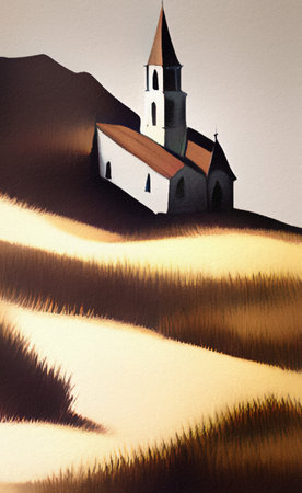 Abstract painting flat illustration of medieval old fantasy castle on the top of mountain. Fort on the rock peak. Mountains and field landscapeの写真素材