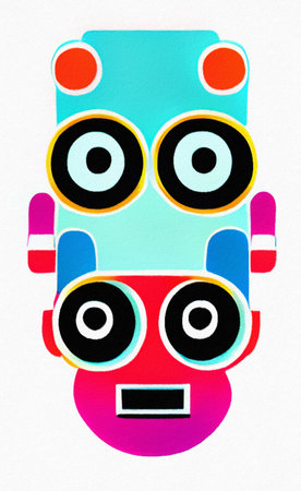 Oil painting in cartoon style robot head isolated on white background. Cyborg portrait hand drawn. Creative sci-fi design print for canvas, paper, textile, banner, shirt. Digital dの写真素材