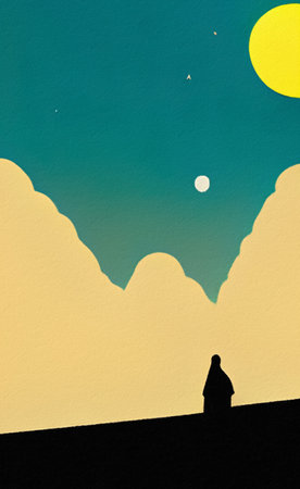 Minimalist drawing flat illustration of landscape, clouds, starry night with moon in the sky and...
