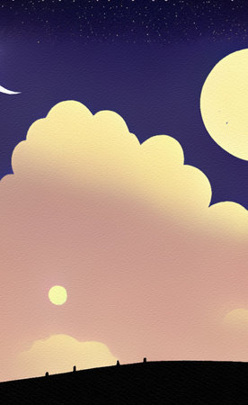 Minimalist drawing flat illustration of landscape, clouds, starry night with moon in the sky and moonlight. Minimalism design digital painting print, creative template background.の写真素材
