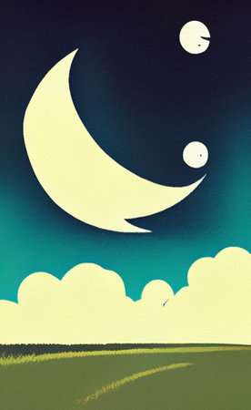 Minimalist drawing flat illustration of landscape, clouds, starry night with moon in the sky and moonlight. Minimalism design digital painting print, creative template background.の写真素材