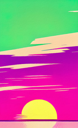 Flat illustration of magic sunset, sea horizont. Bright pink synthwave colors in 80-s style. Retro concept landscape. Design backdrop background for creative creation. Posterの写真素材