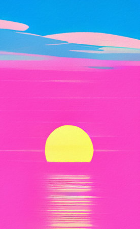 Flat illustration of magic sunset, sea horizont. Bright pink synthwave colors in 80-s style. Retro concept landscape. Design backdrop background for creative creation. Posterの写真素材