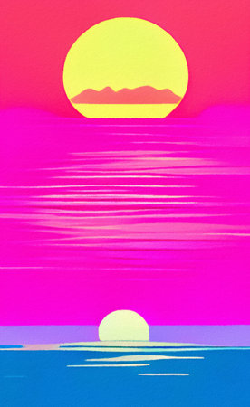 Flat illustration of magic sunset, sea horizont. Bright pink synthwave colors in 80-s style. Retro concept landscape. Design backdrop background for creative creation. Posterの写真素材