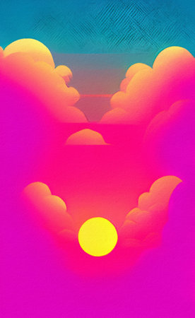 Flat illustration of magic sunset, sea horizont. Bright pink synthwave colors in 80-s style. Retro...