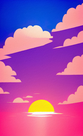 Flat illustration of magic sunset, sea horizont. Bright pink synthwave colors in 80-s style. Retro concept landscape. Design backdrop background for creative creation. Posterの写真素材