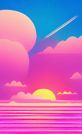 Flat illustration of magic sunset, sea horizont. Bright pink synthwave colors in 80-s style. Retro concept landscape. Design backdrop background for creative creation. Posterの写真素材