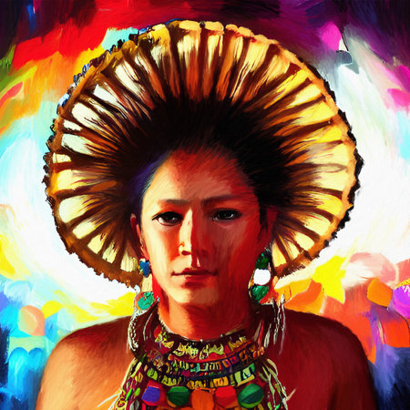 Spanish or mexican traditional stylish woman portrait, digital drawing with watercolor, oil, acrylic mixed style imitation. Modern contemporary art. Good as wall art print, poster,の写真素材