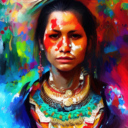 Spanish or mexican traditional stylish woman portrait, digital drawing with watercolor, oil, acrylic mixed style imitation. Modern contemporary art. Good as wall art print, poster,の写真素材