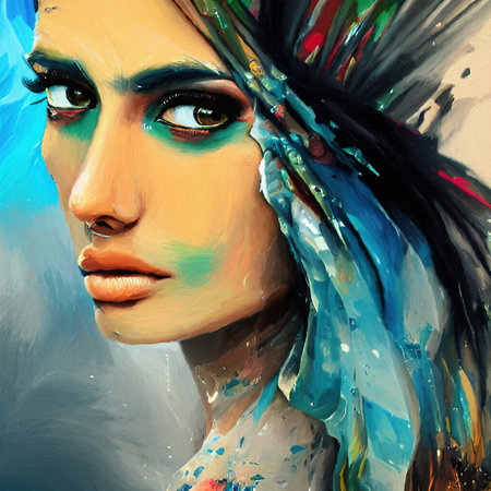 Spanish or mexican traditional stylish woman portrait, digital drawing with watercolor, oil, acrylic mixed style imitation. Modern contemporary art. Good as wall art print, poster,の写真素材