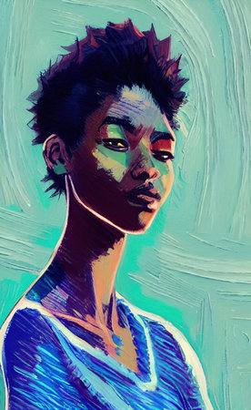 Digital painted illustration portrait of black skin fashion model woman. Beautiful stylish girl...