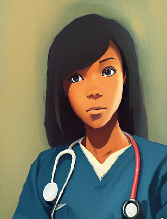 Digital drawing illustration of black skin woman nurse or doctor portrait in hospital interior on backgroundの写真素材