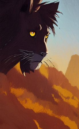 Lion portrait illustration, digital painting art. wild lion faceの写真素材