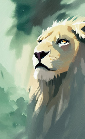 Lion portrait illustration, digital painting art. wild lion faceの写真素材
