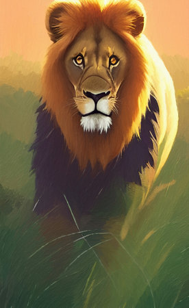 Lion portrait illustration, digital painting art. wild lion face