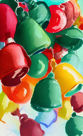 Digital watercolor painting christmas bells and balls on christmas tree. Celebration design background for creative designの写真素材