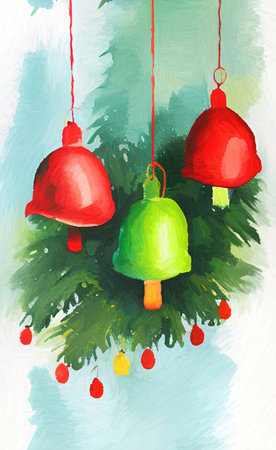 Digital watercolor painting christmas bells and balls on christmas tree. Celebration design background for creative designの写真素材