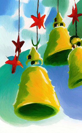 Digital watercolor painting christmas bells and balls on christmas tree. Celebration design background for creative designの写真素材