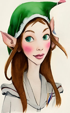 Christmas elf, digital watercolor painting portrait of christmas character