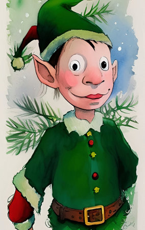 Christmas elf, digital watercolor painting portrait of christmas characterの写真素材