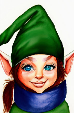 Christmas elf, digital watercolor painting portrait of christmas characterの写真素材