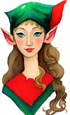 Christmas elf, digital watercolor painting portrait of christmas character