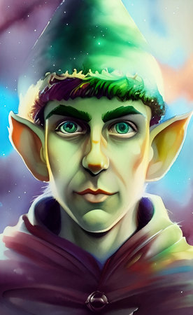 Christmas elf, digital watercolor painting portrait of christmas character