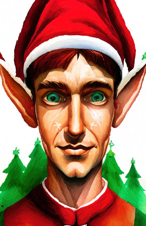 Christmas elf, digital watercolor painting portrait of christmas characterの写真素材