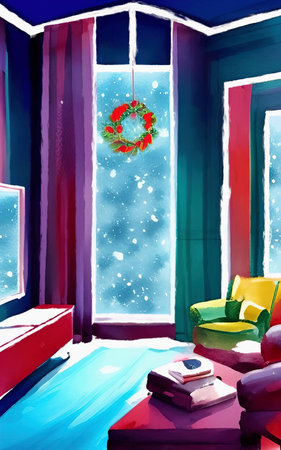 Merry Christmas living room cozy decoration. New year interior in warm bright colors. Christmas illustration. Digital watercolor and acrylic mixed painting art. greetings, postcardの写真素材