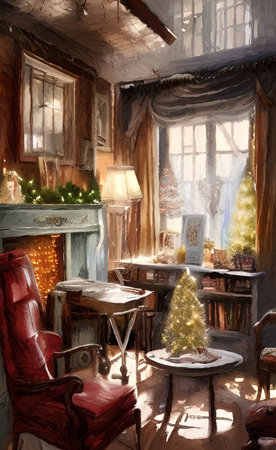 Cozy Christmas or New Year interior, digital watercolor painting. Warm cute colors room. Greeting card or postcard design template. Retro vintage style Christmas backgroundの写真素材