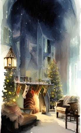 Cozy Christmas or New Year interior, digital watercolor painting. Warm cute colors room. Greeting card or postcard design template. Retro vintage style Christmas backgroundの写真素材