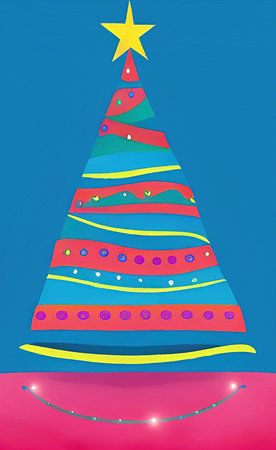 Digital watercolor painting christmas tree. Glowing decorations and celebration happinessの写真素材