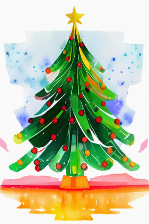 Digital watercolor painting christmas tree. Glowing decorations and celebration happinessの写真素材