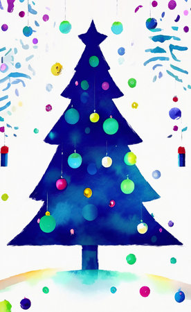 Digital watercolor painting christmas tree. Glowing decorations and celebration happinessの写真素材