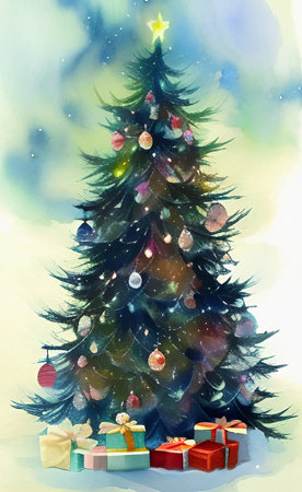 Digital watercolor painting christmas tree. Glowing decorations and celebration happinessの写真素材