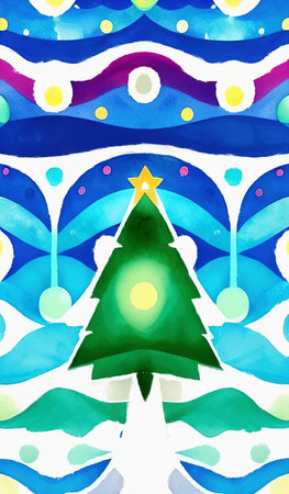 Digital watercolor painting christmas tree. Glowing decorations and celebration happinessの写真素材