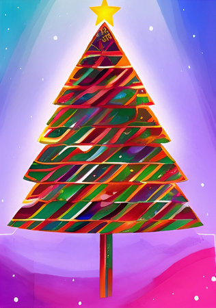 Digital watercolor painting christmas tree. Glowing decorations and celebration happinessの写真素材