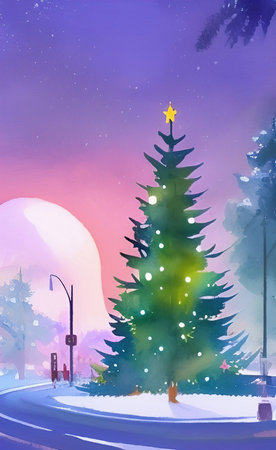 Digital watercolor painting christmas tree. Glowing decorations and celebration happinessの写真素材