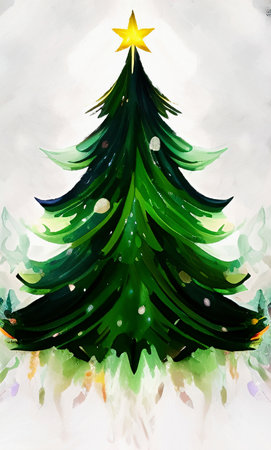 Digital watercolor painting christmas tree. Glowing decorations and celebration happinessの写真素材