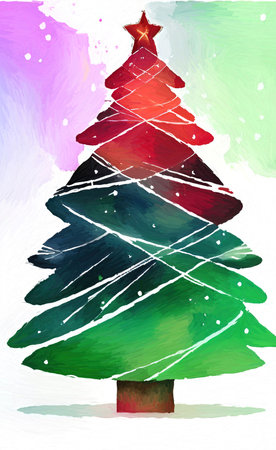 Digital watercolor painting christmas tree. Glowing decorations and celebration happinessの写真素材