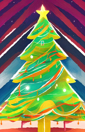 Digital watercolor painting christmas tree. Glowing decorations and celebration happinessの写真素材