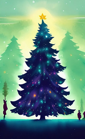 Digital watercolor painting christmas tree. Glowing decorations and celebration happinessの写真素材