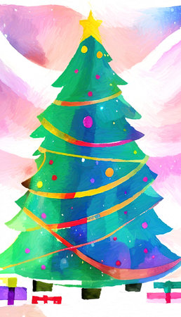 Digital watercolor painting christmas tree. Glowing decorations and celebration happinessの写真素材