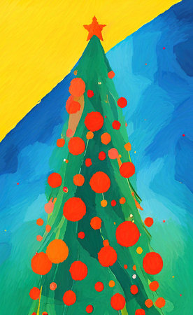 Digital watercolor painting christmas tree. Glowing decorations and celebration happinessの写真素材
